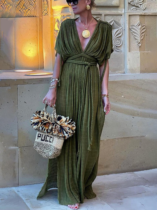 Maxi Dress with Kimono-Inspired Draped Sleeves and Slit Detail