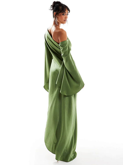 Emerald Asymmetrical Satin Maxi Dress