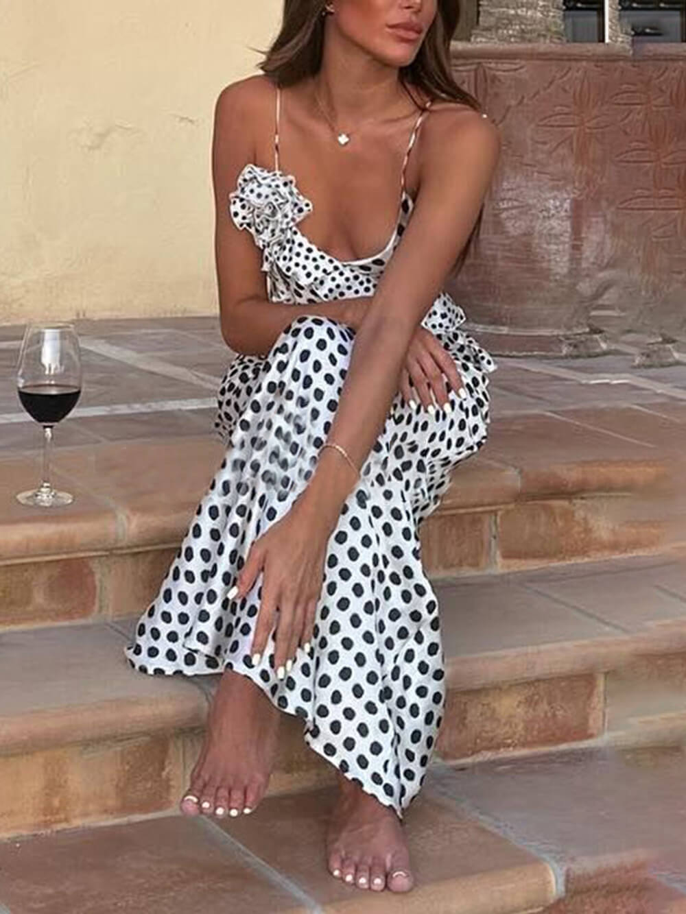 Polka Dot Fantasy Guipure Ruffled Maxi Dress with Suspenders