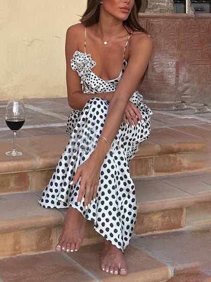 Polka Dot Fantasy Guipure Ruffled Maxi Dress with Suspenders