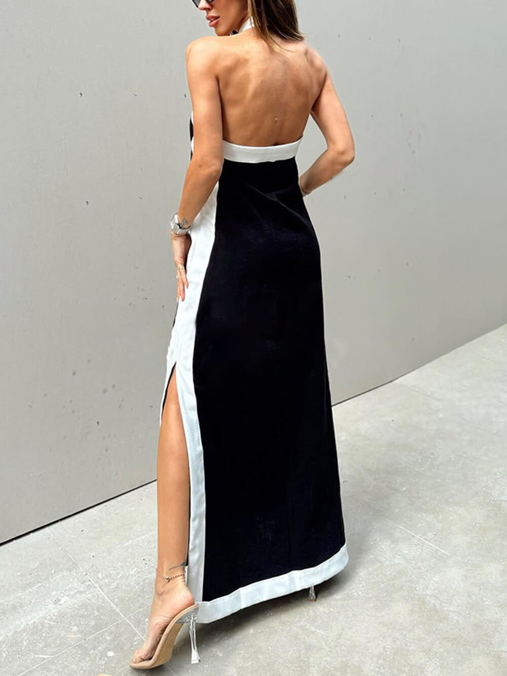 Color Block Maxi Dress with Halter Neck and Slit
