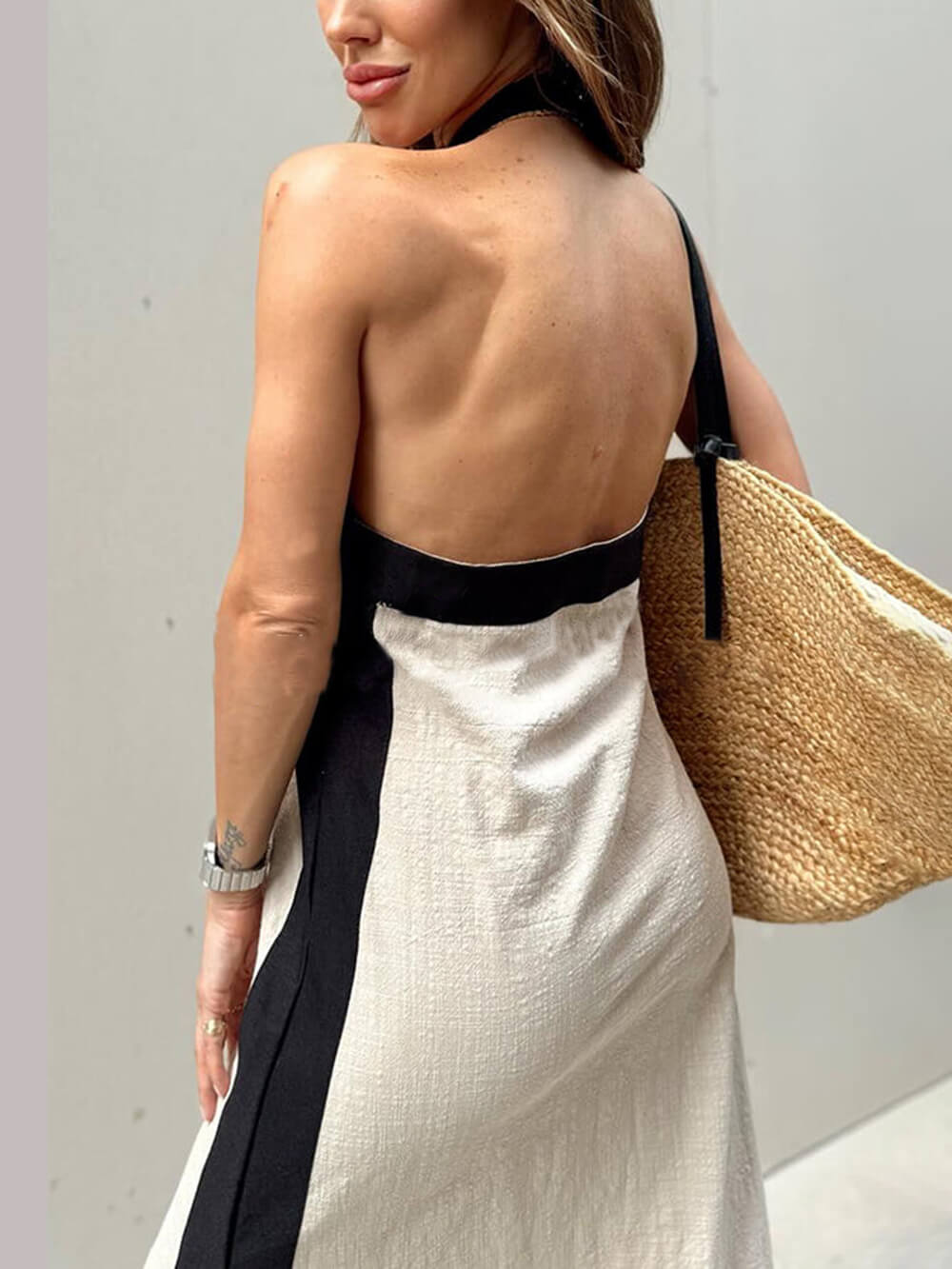 Color Block Maxi Dress with Halter Neck and Slit