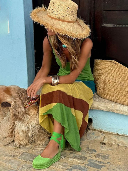 Stylish Color Block Backless Slim Fit Maxi Dress