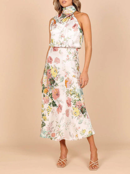 Floral Maxi Dress with Halter Neck and Elastic Waist