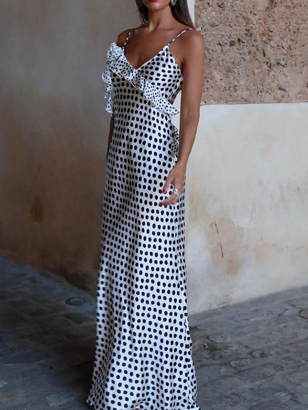 Polka Dot Fantasy Guipure Ruffled Maxi Dress with Suspenders