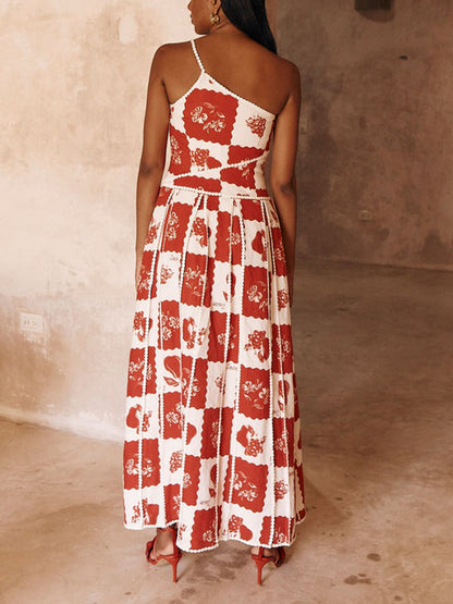 Distinctive Floral Trim One-Shoulder Flared Maxi Dress