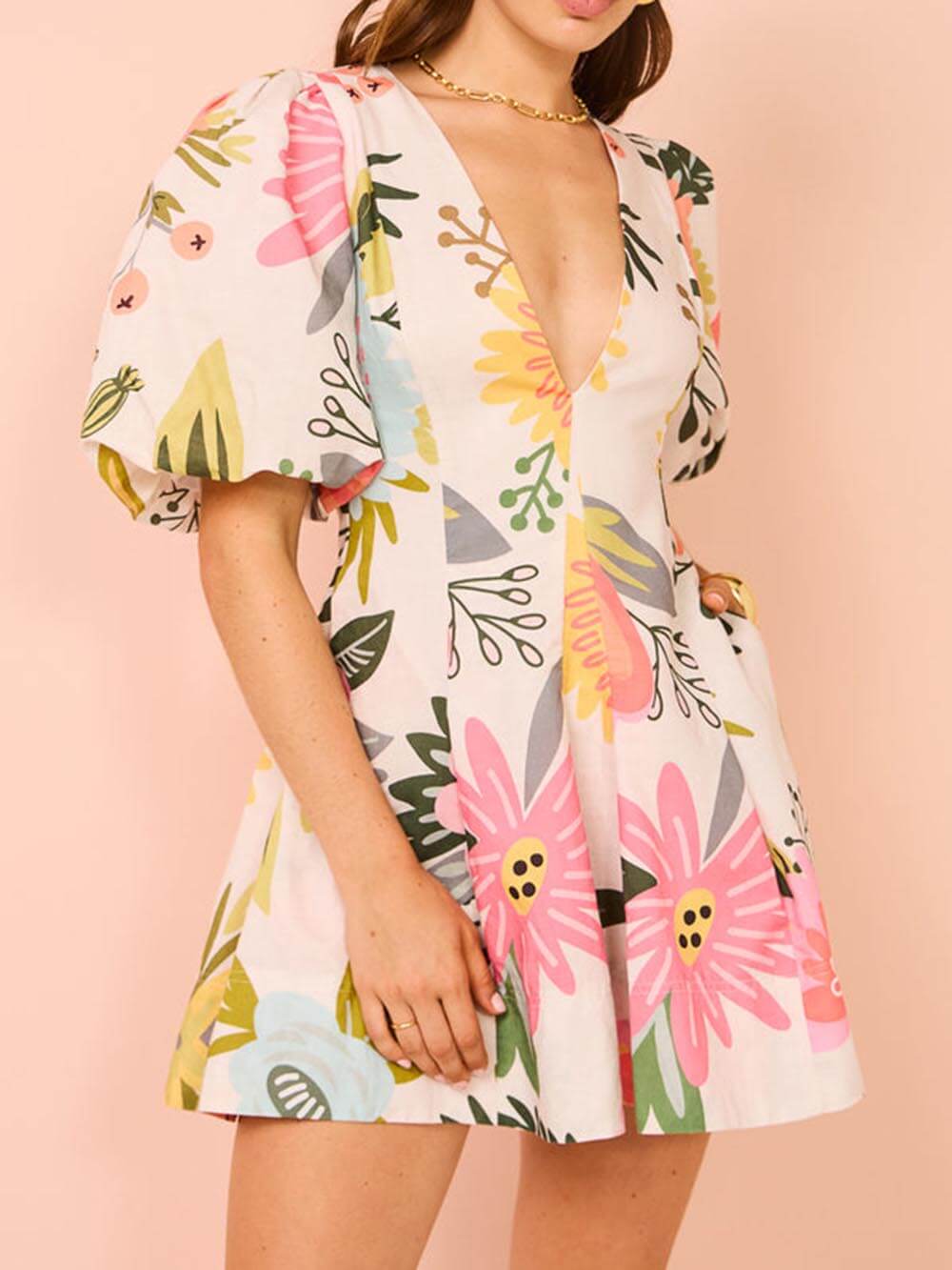 Floral Print Mini Dress with Puff Sleeves and Pockets