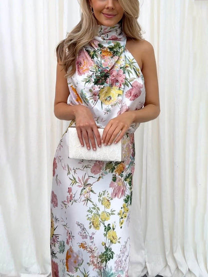 Floral Maxi Dress with Halter Neck and Elastic Waist