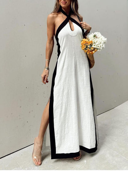 Color Block Maxi Dress with Halter Neck and Slit