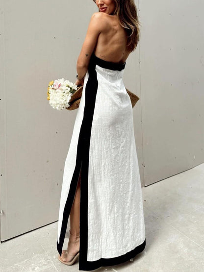 Color Block Maxi Dress with Halter Neck and Slit