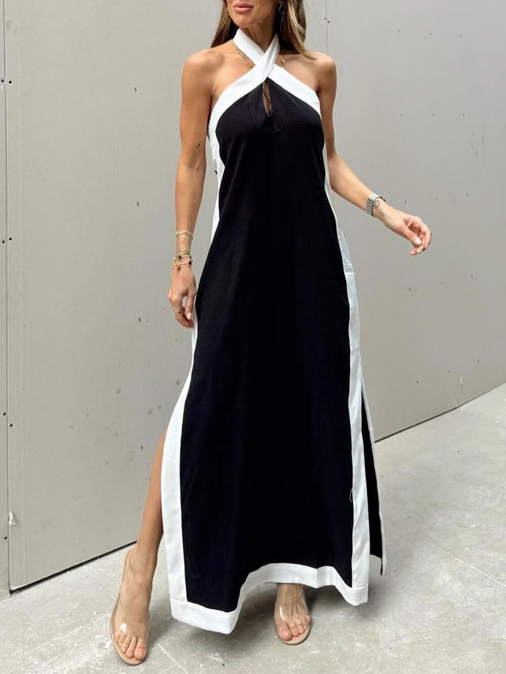 Color Block Maxi Dress with Halter Neck and Slit