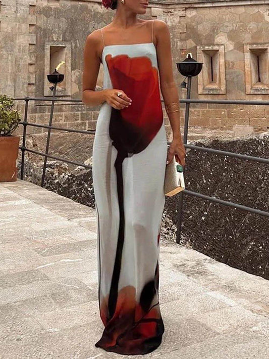 Abstract Tulip Print H-Line Maxi Dress for Vacation
