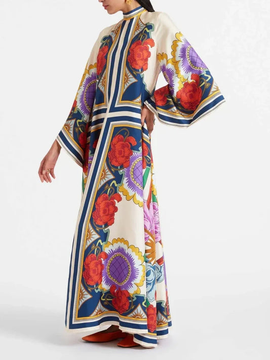 Elegant Floral Print Maxi Dress with Draped Waterfall Sleeves
