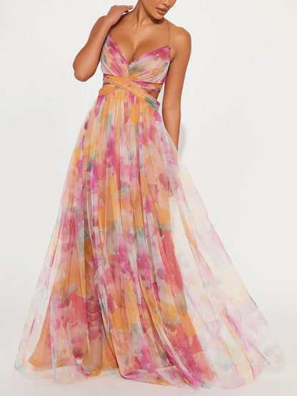 Chic Floral V-Neck A-Line Maxi Dress with Elegant Print