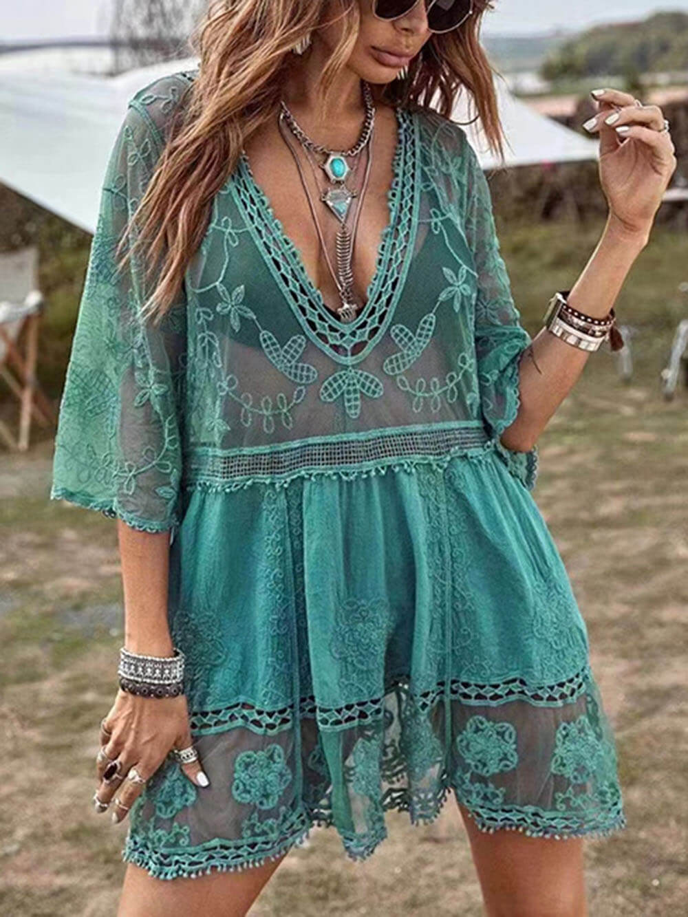 Flowy Lace Beach Cover-Up Dress for Vacation