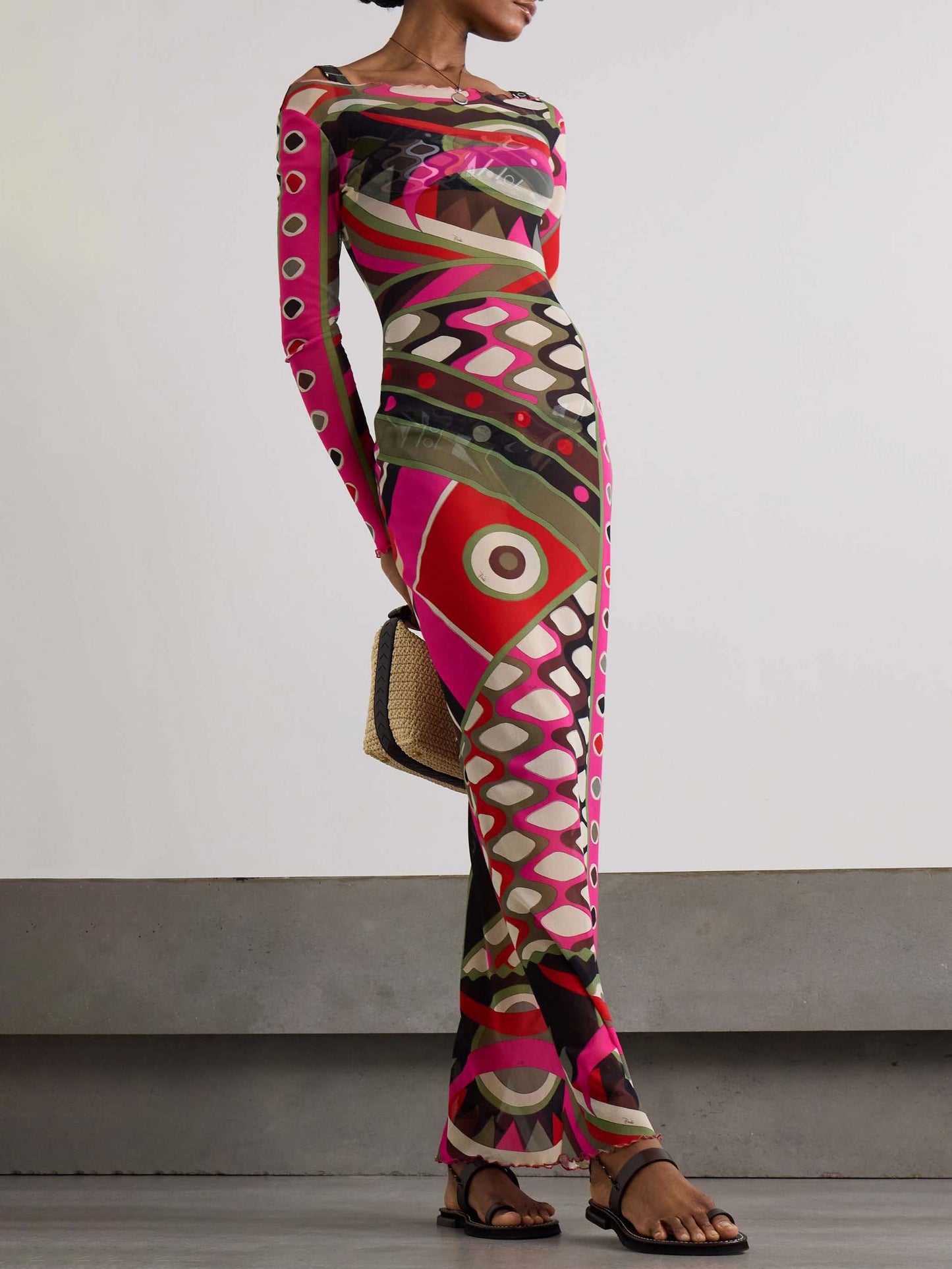 Vintage-Inspired Abstract Print High-Waisted Maxi Dress