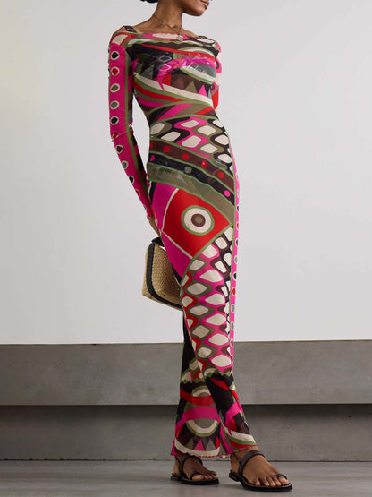 Vintage-Inspired Abstract Print High-Waisted Maxi Dress