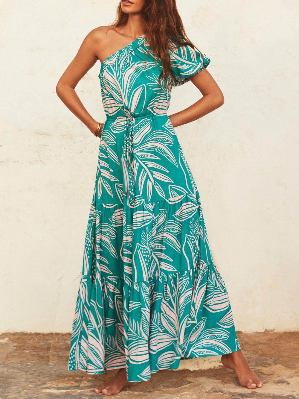 Off-Shoulder Floral Dress with Palm Leaf Print for Holiday Style