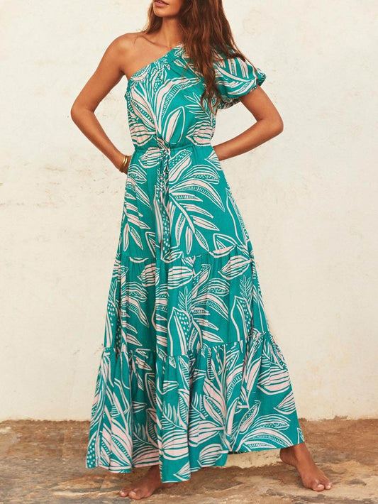 Off-Shoulder Floral Dress with Palm Leaf Print for Holiday Style