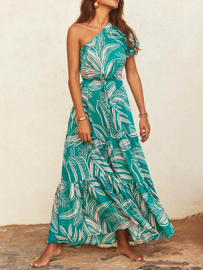 Off-Shoulder Floral Dress with Palm Leaf Print for Holiday Style