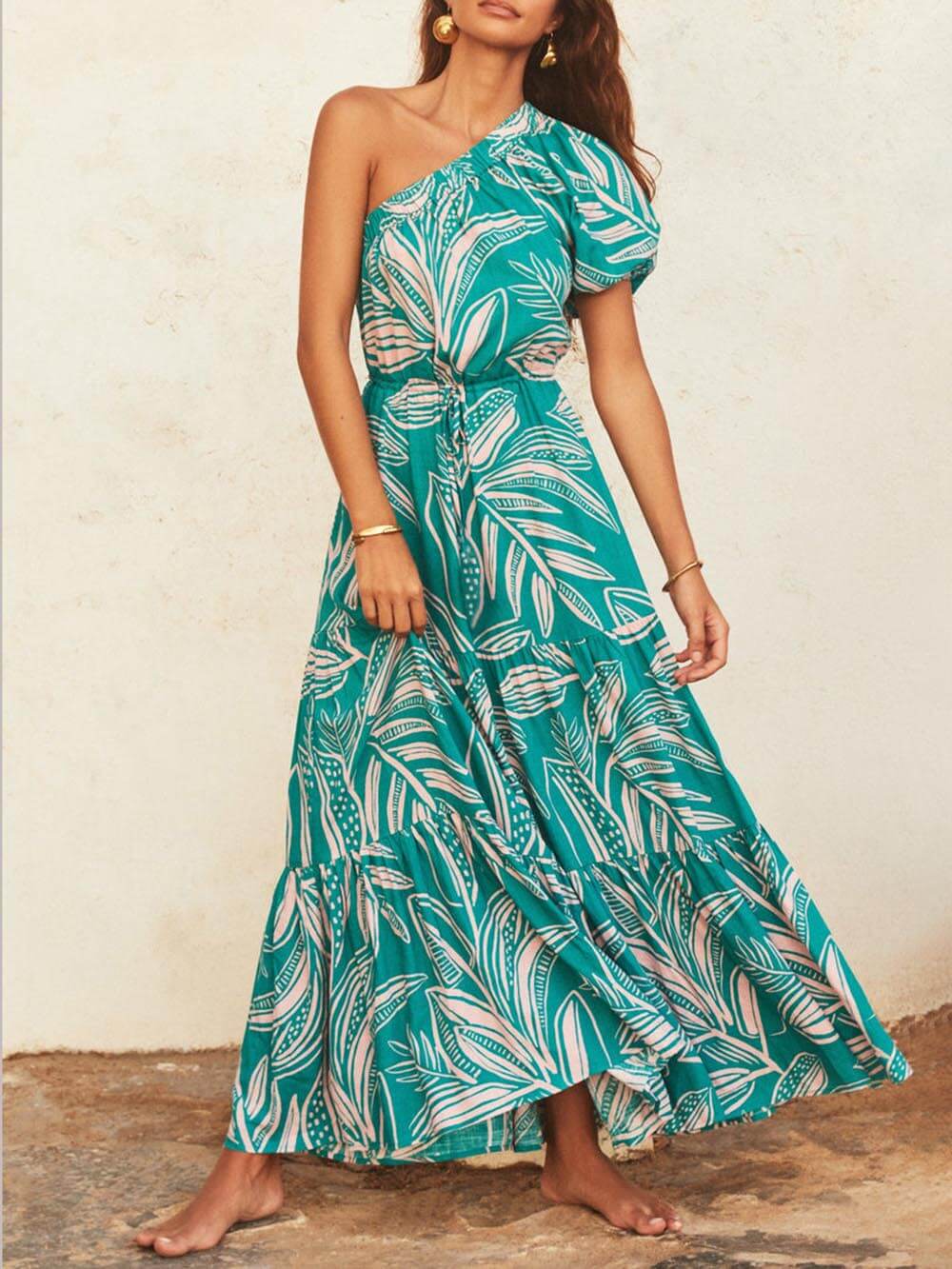 Off-Shoulder Floral Dress with Palm Leaf Print for Holiday Style
