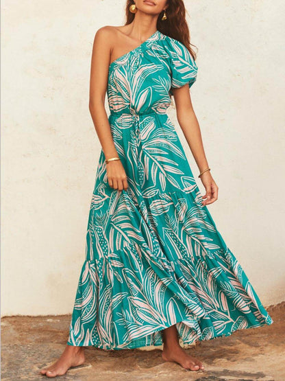 Off-Shoulder Floral Dress with Palm Leaf Print for Holiday Style