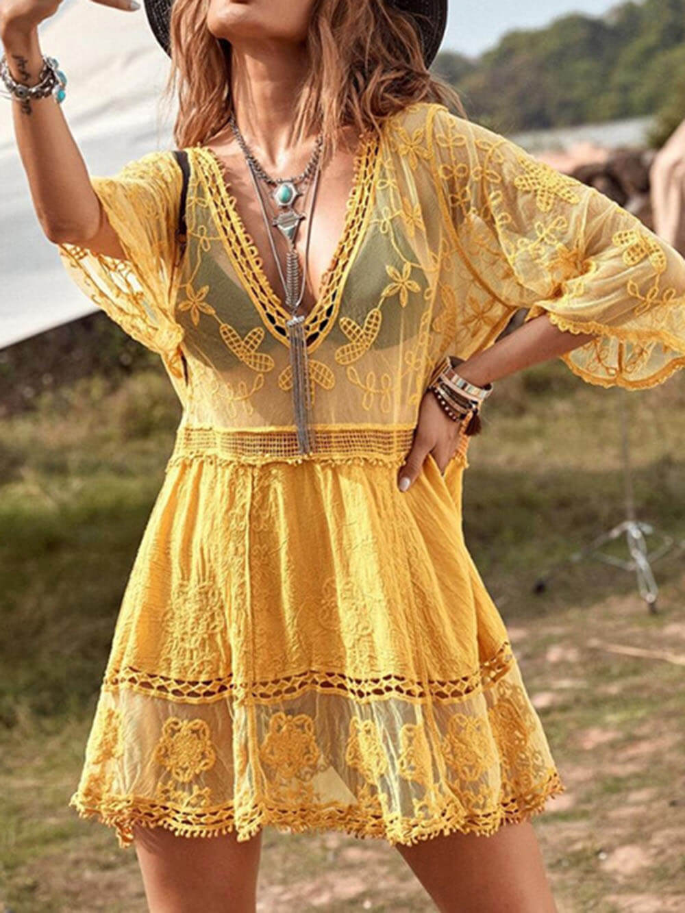 Flowy Lace Beach Cover-Up Dress for Vacation