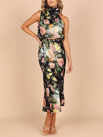 Floral Maxi Dress with Halter Neck and Elastic Waist