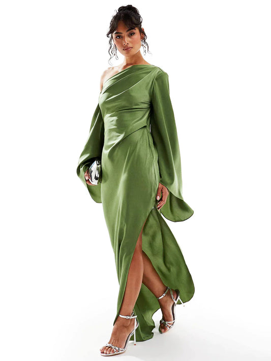 Emerald Asymmetrical Satin Maxi Dress