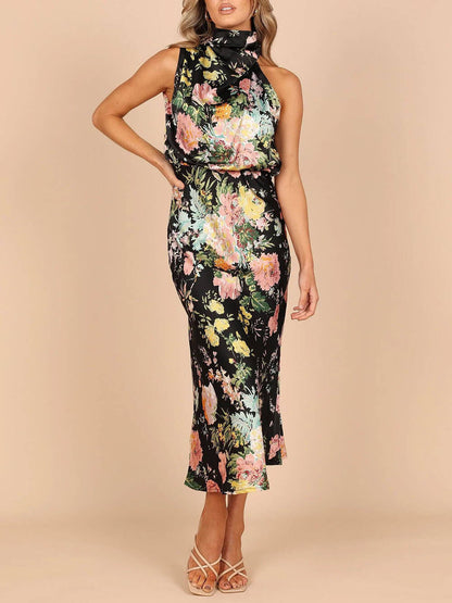 Floral Maxi Dress with Halter Neck and Elastic Waist