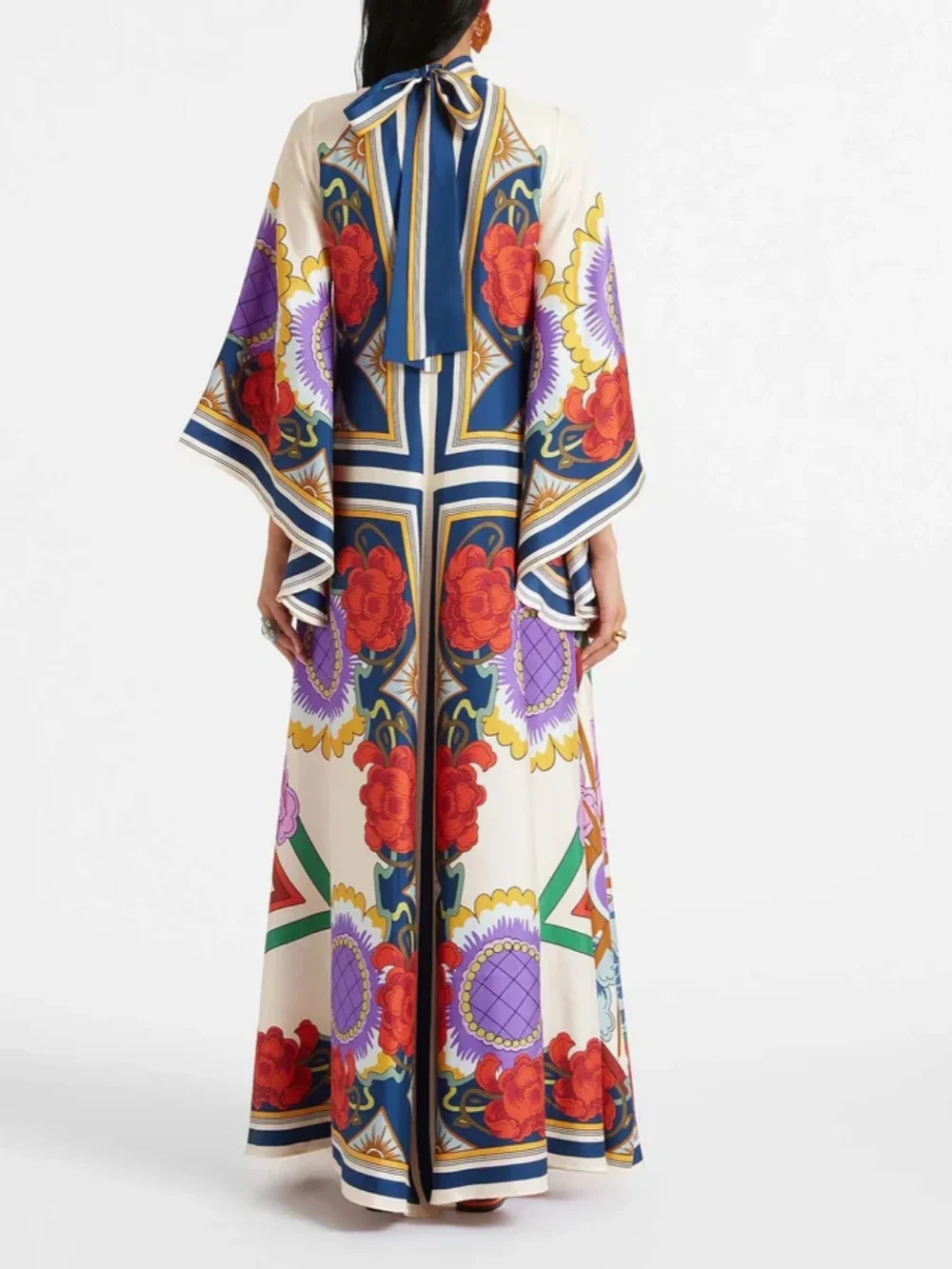 Elegant Floral Print Maxi Dress with Draped Waterfall Sleeves