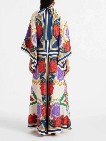 Elegant Floral Print Maxi Dress with Draped Waterfall Sleeves
