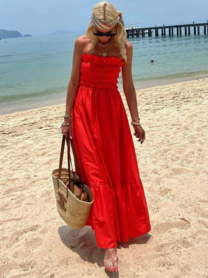 Off-Shoulder Smocked Bust Maxi Dress for Vacation