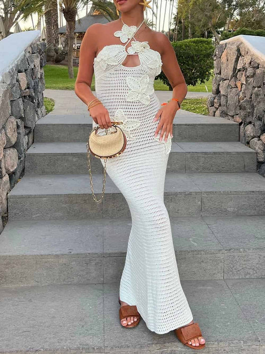 3D Floral Crochet Maxi Dress with Halter Neck and Bodycon Fit
