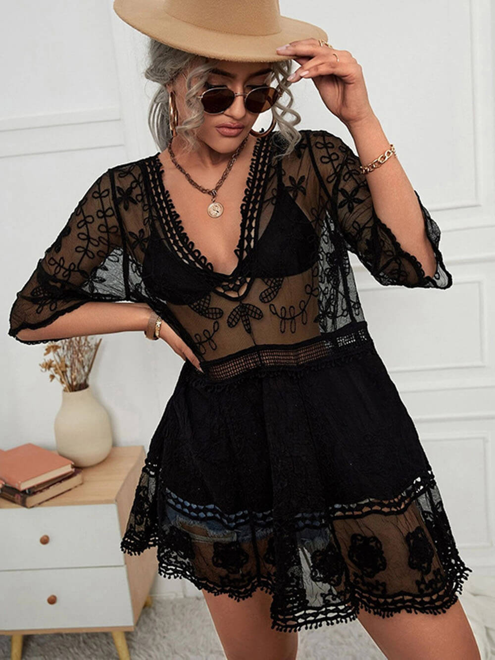 Flowy Lace Beach Cover-Up Dress for Vacation