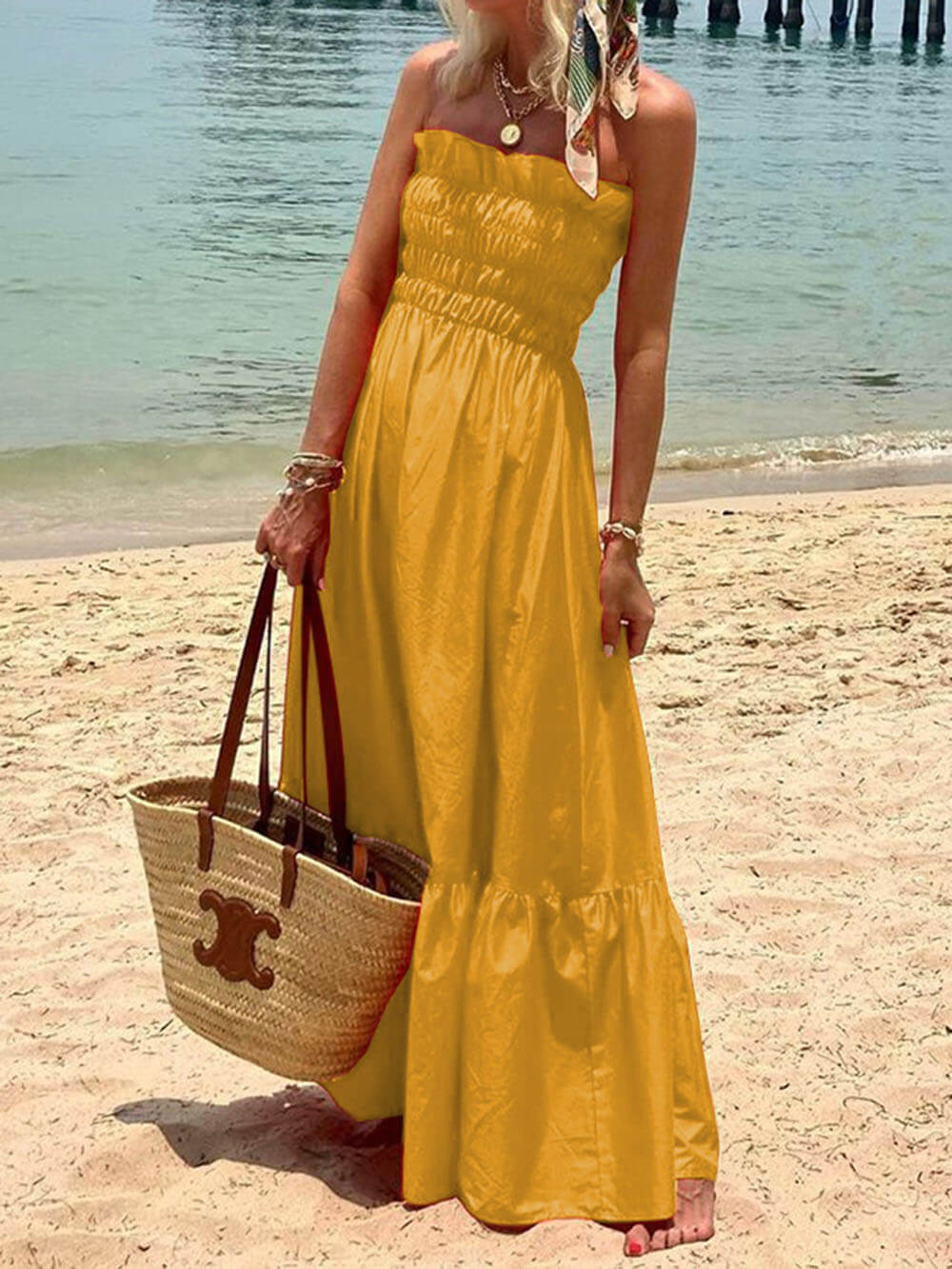 Off-Shoulder Smocked Bust Maxi Dress for Vacation