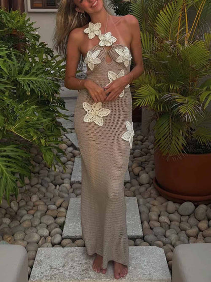 3D Floral Crochet Maxi Dress with Halter Neck and Bodycon Fit