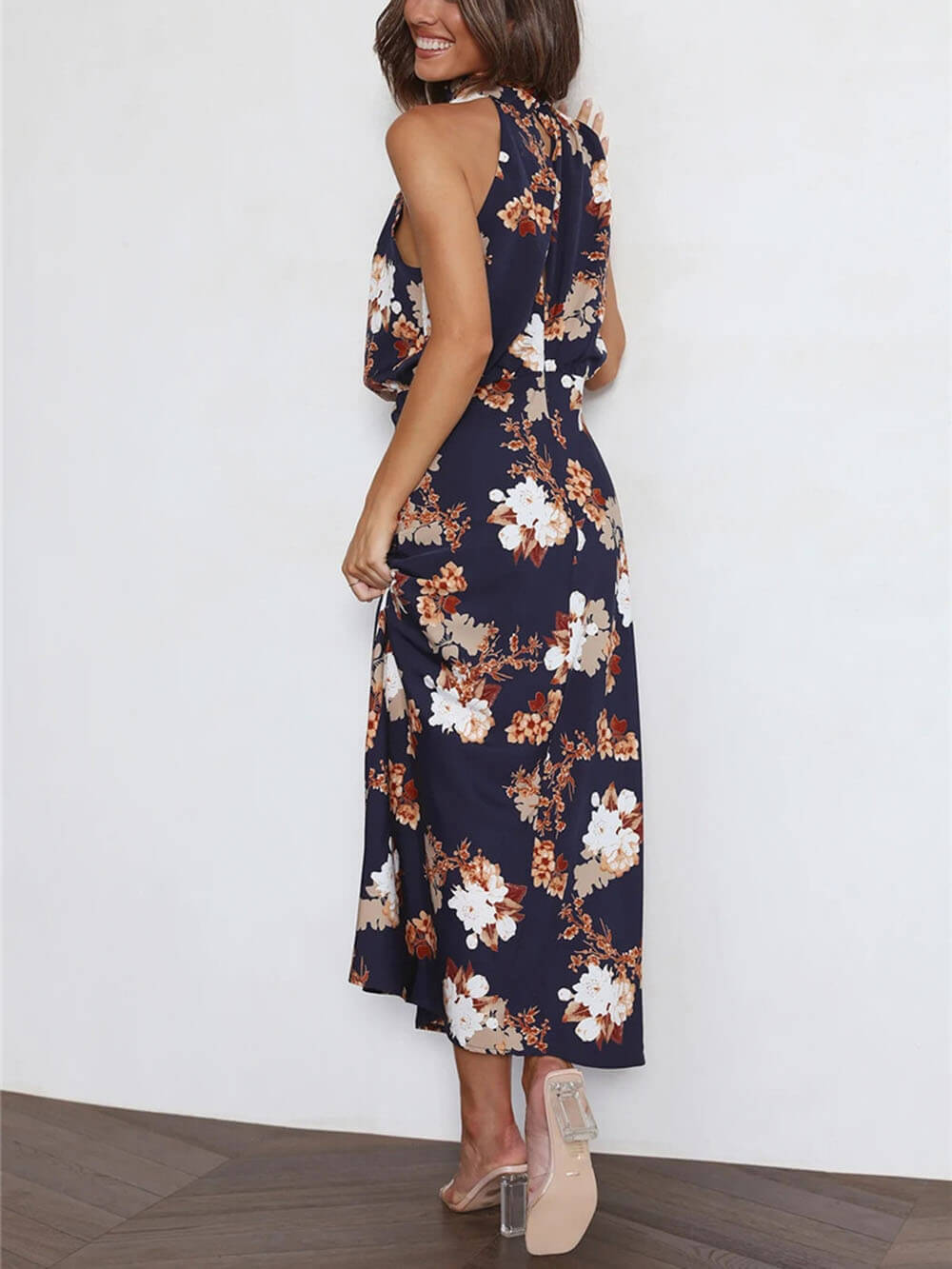 Floral Maxi Dress with Halter Neck and Elastic Waist