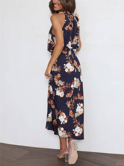 Floral Maxi Dress with Halter Neck and Elastic Waist