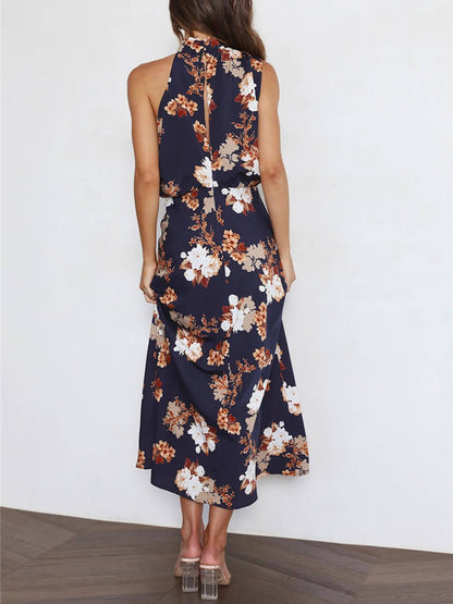 Floral Maxi Dress with Halter Neck and Elastic Waist