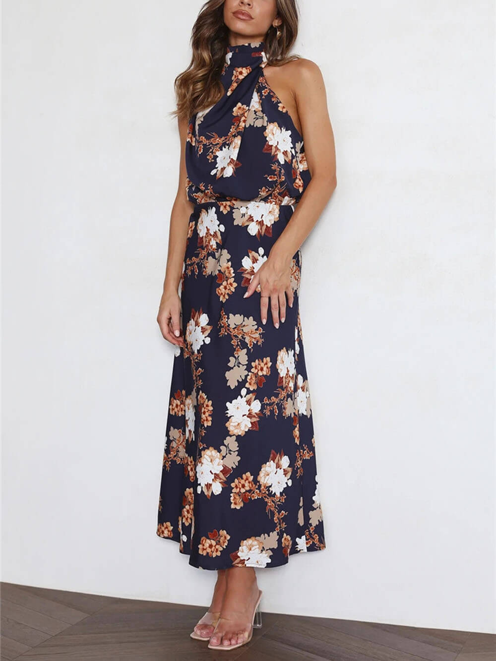 Floral Maxi Dress with Halter Neck and Elastic Waist