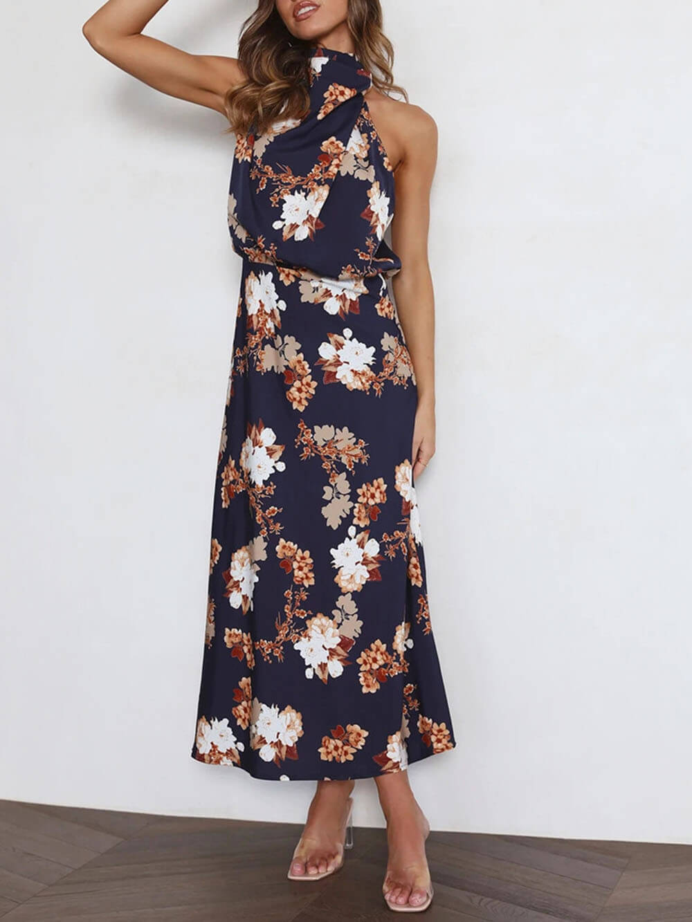 Floral Maxi Dress with Halter Neck and Elastic Waist