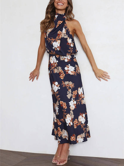 Floral Maxi Dress with Halter Neck and Elastic Waist