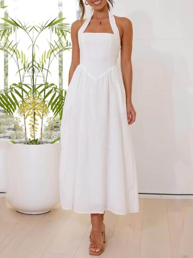 Mid-Length Little Black Halter Neck Dress with Waist Detail