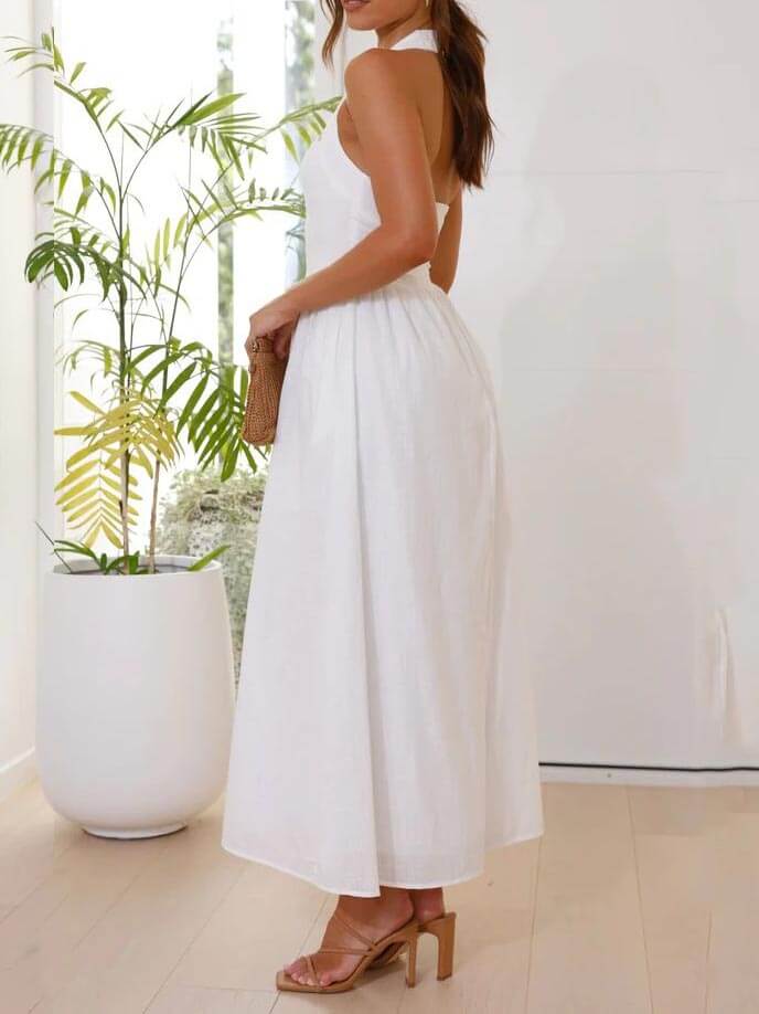 Mid-Length Little Black Halter Neck Dress with Waist Detail