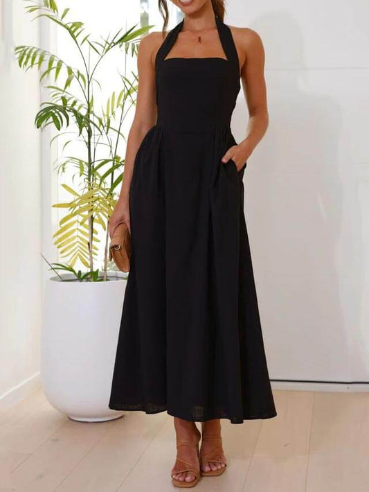 Mid-Length Little Black Halter Neck Dress with Waist Detail