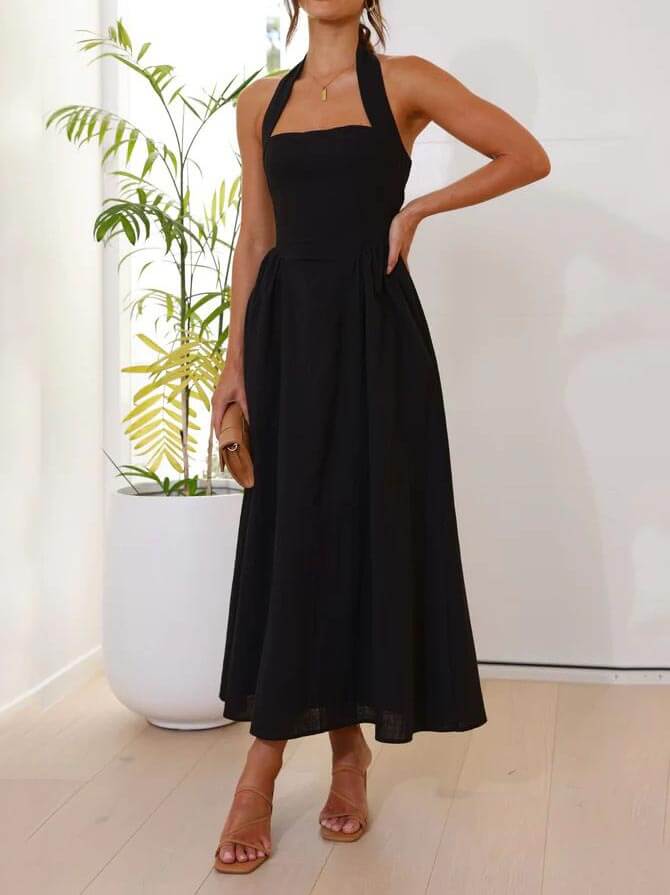 Mid-Length Little Black Halter Neck Dress with Waist Detail