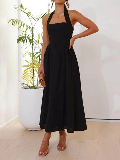 Mid-Length Little Black Halter Neck Dress with Waist Detail
