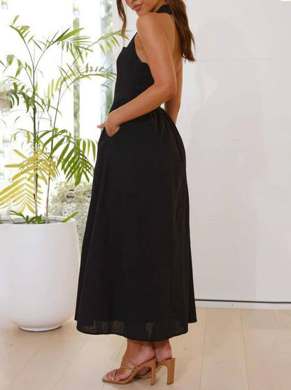 Mid-Length Little Black Halter Neck Dress with Waist Detail