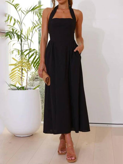 Mid-Length Little Black Halter Neck Dress with Waist Detail